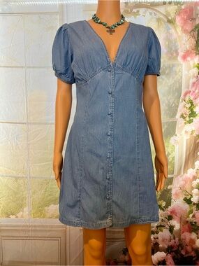 Denim Mini Dress with V-Neck and Puff Sleeves